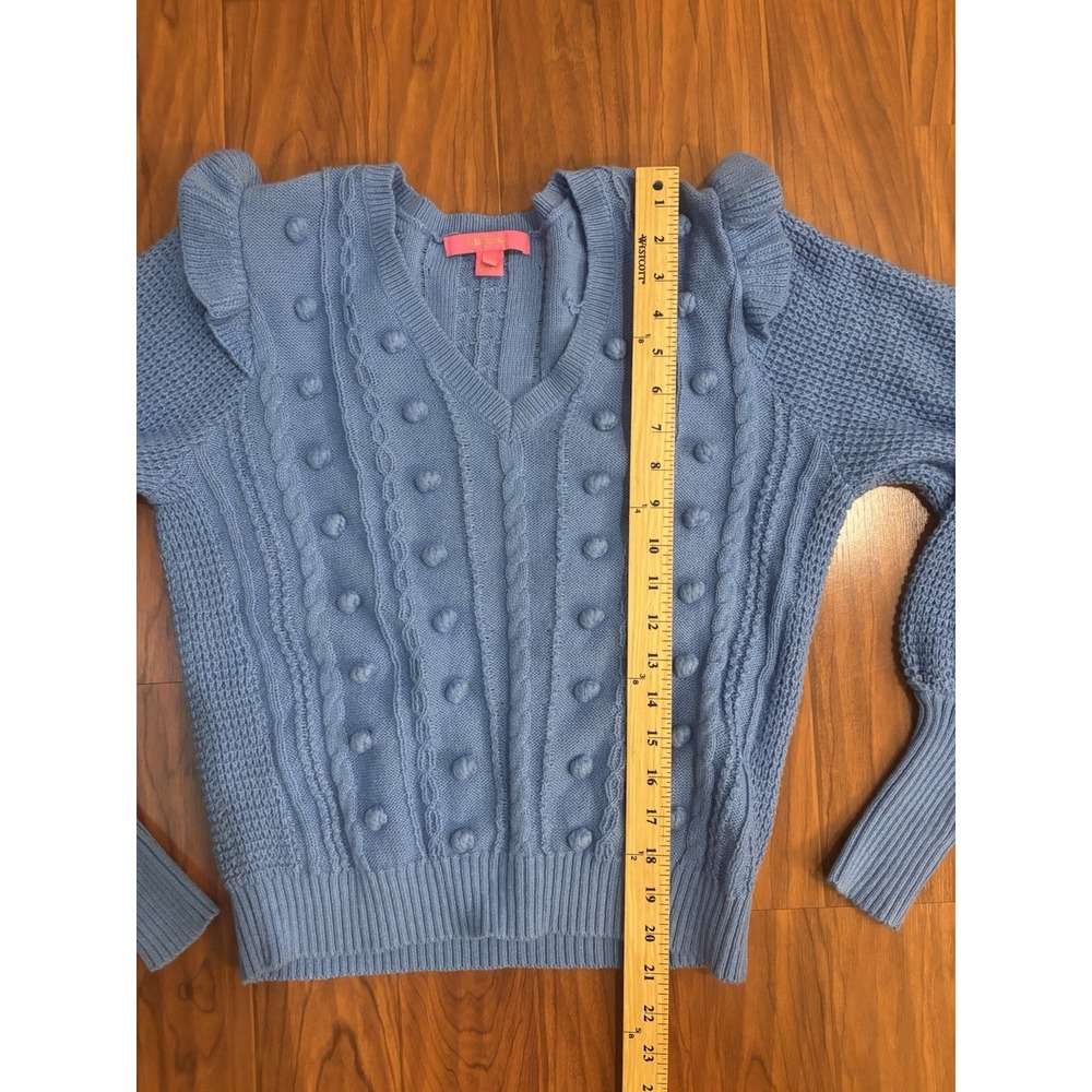 Lilly Pulitzer Greta Blue Pom-Pom V-Neck Knit Sweater Womens Medium - Picture 4 of 7
